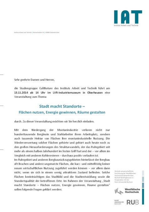 Einladung und Programm 'Stadt macht Standorte – Flächen nutzen, Energie gewinnen, Räume gestalten' am 13.11.2014