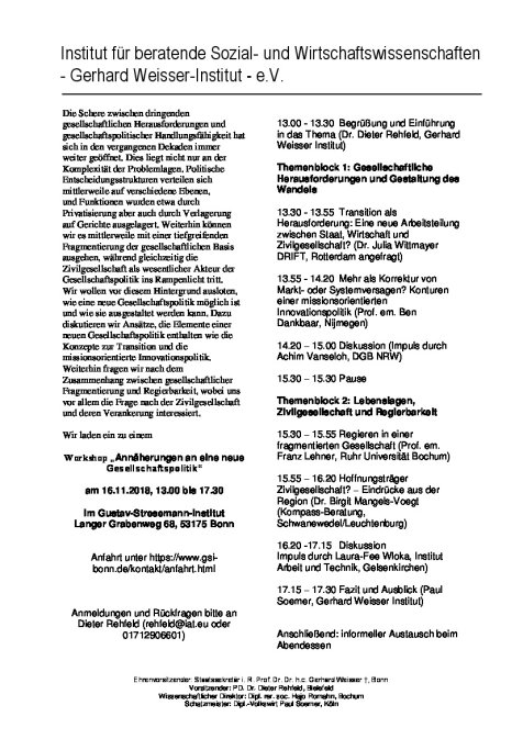 Veranstaltung Annäherungen an eine neue Gesellschaftspolitik