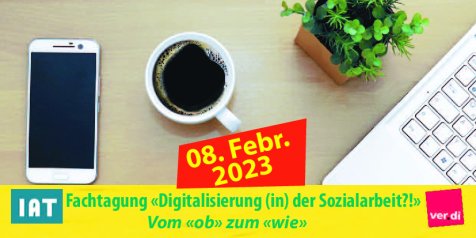 Auf dem Titelbild der Karte liegt auf einem Schreibtisch ein Smartphone auf dem der Termin der Fachtagung aufblendet. Daneben befindet sich eine Tasse schwarzer Kaffee. Ein Teil eines Blumentopfes sowie von einem Laptop sind ebenfalls auf dem Tisch.