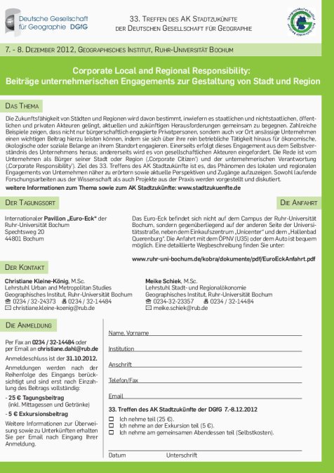 33. T REFFEN DES  AK S TADTZUKÜNFTE DER  D EUTSCHEN  G ESELLSCHAFT FÜR  G EOGRAPHIE Programm
