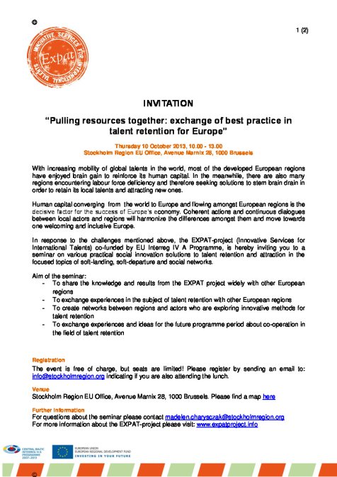 Invitation 'Pulling resources together: exchange of best practice in talent retention for Europe' 2013-10-10