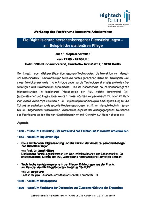 Informationen und Programm Workshop des Fachforums Innovative Arbeitswelten 13.09.2016