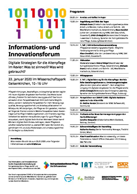 Das Programm enthält im oberen linken Bereich in bunter Ziffernabfolge den binären Code 0 und 1, was für den Binärcode der Informationstechnik steht.