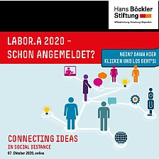 Auf dem Bild sind auf hellblauem Untergrund sechs verschieden farbige digitale Strichmännchen - eines davon auf einem PC-Monitor erkennbar - sowie ein Roboter zu sehen, die miteinander über weiße Striche, sozusagen zu ihren Füßen liegend, verbunden sind. Diese Striche beinhalten in der Verbindung untereinander auch Ideen, symbolisiert durch Sprech- und Denkblasen sowie zwei Glühbirnen, einem Globus und einem Zahnrad. Über dieser Grafik ist auf rotem Grund die Veranstaltung mit weisser Schrift angekündigt: LABOR.A 2020 - schon angemeldet? steht hierauf. Eine blau hinterlegte eckige Sprechblase rechts davon enthält die Aufschrift: Nein? Dann hier klicken und los geht's.
In der linken Ecke unten steht mit roter Schrift: Connecting ideas in social distance. 07. Oktober 2020, online in schwarz darunter. In der rechten Ecke oben ist das Logo der Hans-Böckler-Stiftung zu sehen.
