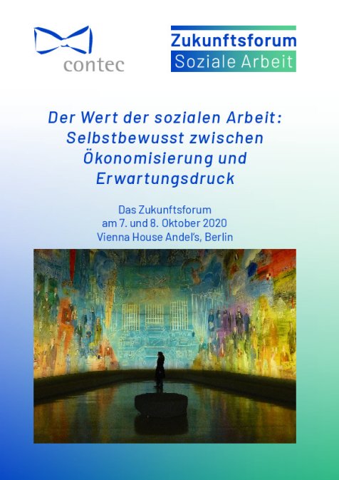 Im unteren Teil der Titelseite des Programms zum Zukunftsforum ist eine Fotografie auf blaugrün hinterlegtem Grund zu sehen. Die Fotografie zeigt eine Frau inmitten einer Halle stehend, ein paar Meter entfernt von ihr befindet sich eine rund geformte Sitzgelegenheit. Es handelt sich vermutlich um eine große, fensterlose Halle in einem Museum, das auf einer abgerundeten Wand ein riesiges Gemälde zeigt, welches durch Licht stark in seiner Farbigkeit hervorgehoben wird. Auf dem Gemälde sind links und rechts überwiegend Männer zu sehen, die durch ihre Kleidung und ihre Körperhaltung in die Blütezeit der Industrialisierung einzuordnen wären. Die dargestellten Maschinen, Rohre und Schornsteine im Zentrum des Gemäldes weisen auf diese Epoche hin. Die Deutung des Gemäldes bleibt offen, da es sich über einen Ausschnitt handelt und es noch über die Decke des Raumes hinausreicht und somit nicht genau mit einem Blick zu erfassen ist. Die Frau in dieser Halle schaut sich die rechte Seite des Gemäldes, mit den verschiedenen Menschen darauf, an. Nach der Titelseite folgt das Programm, die Logos der Medienpartner. Daran schließt sich die Anmeldung an mit dem Foto des Tagungsortes, Hotel Vienna House Andel's. 