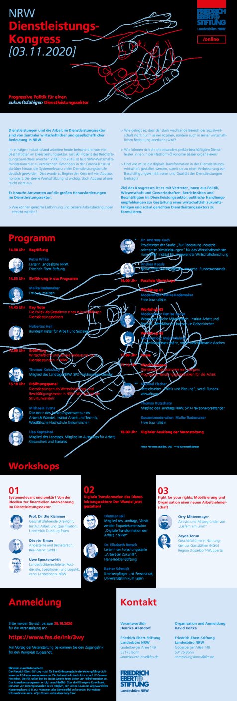 Im oberen Teil der Programmabbildung ist in der Mitte eine Grafik enthalten. Die im Programm dominierenden Farben sind Blau- und Rottöne, dem Logo der Friedrich-Ebert-Stiftung entsprechend. Auf der Grafik sind zwei Hände in blau erkennbar: die eine geöffnet, die andere in der Absicht, sich in die geöffnete Hand zu legen. Dieses Bild zweier Hände wird von rot gezeichneten, miteinander zum Gruß verschränkten Händen überschnitten. Es folgt nach dieser Graifk ein Abschnitt mit Text über die Bedeutung von Dienstleistungen und die Arbeit im Dienstleistungssektor. Hierauf folgt das Programm mit Abbildungen der Redner*innen und Moderatoren*innen der drei Workshops. Zum Schluss gibt es den Hinweis auf die Anmeldung und die Kontaktadresse.