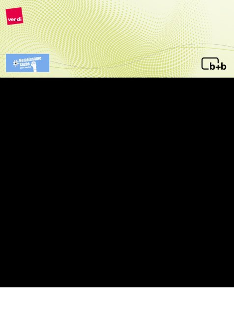 Im oberen Teil des Flyers ist auf hellgrünem Untergrund eine Ansammlung an sphärisch verzogenen grünen Punkten zu sehen. Die Grafik enthält un der oberen linken Ecke das rot hinterlegte ver.di-Logo mit weißer Aufschrift und schwarzem Punkt dazwischen. Unten links in der Ecke ist ein hellblau hinterlegtes Logo mit einer weißen, erhobenen Faust und der weißen Aufschrift des Hashtags Gemeinsame Sache. In kleinerer Schrift darunter steht hierauf: für die Altenpflege.