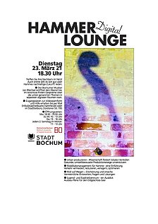 Abbildung der Einladung Hammer Lounge: es ist ein gelb-orangener Teil einer Wandfläche aus Backstein zu sehen, auf dem ein Kopf und der obere Teil eines Cellos einen lila Schatten werfen.