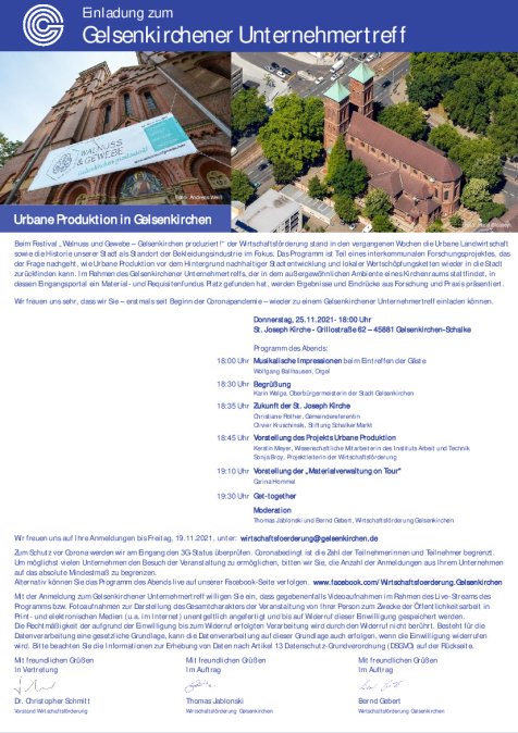 Auf der ersten Seite der Einladung sind unterhalb des weiß-blauen Gelsenkirchener Stadtlogos zwei Fotos mit der St. Joseph-Kirche in Gelsenkirchen-Schalke. Das linke Foto ist aus der Froschperspektive auf den Eingang der Kirche gemacht. Über diesem ist das Plakat des ProUrban-Projekts 