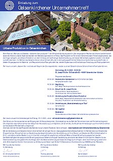 Auf der ersten Seite der Einladung sind unterhalb des weiß-blauen Gelsenkirchener Stadtlogos zwei Fotos mit der St. Joseph-Kirche in Gelsenkirchen-Schalke. Das linke Foto ist aus der Froschperspektive auf den Eingang der Kirche gemacht. Über diesem ist das Plakat des ProUrban-Projekts 
