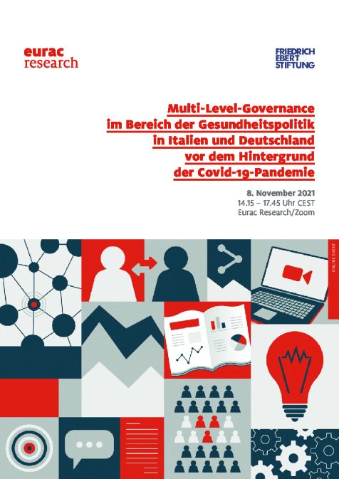 Auf der Titelseite des Bildes sind mehrere rechteckige grau, rot, weiß dunkelgraue Piktogramme enthalten. Sie thematisieren die Themen der Kommunikation, was deutlich durch den Austausch zweier und mehrerer Personen sowie einer Sprechblase wird, die Vernetzung (verdeutlicht durch miteinander verbundene Punkte), Digitalisierung (bildhaft dargestellt durch ein Lapptop und einer Kamera darin), Technik (in Form einer Glühbirne sowie ineinander greifender Zahnräder dargestellt) und Wissenschaft (dargestellt durch ein mit Analysen und Statistikbalken dargestelltes Manuskript).