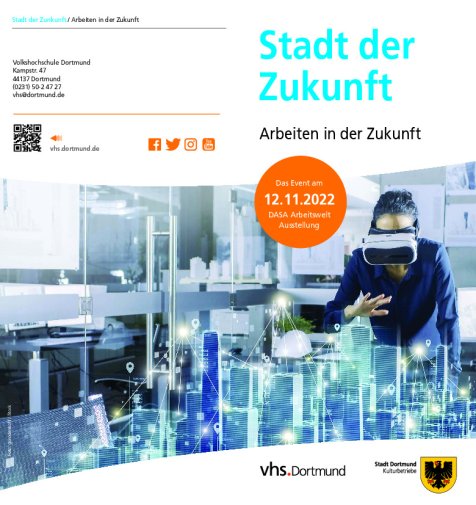 Die Titelseite des Programms zeigt das Foto einer Frau mit Virtual Reality Brille, die in einem Planungsbüro steht und durch ihre Brille eine Stadt mit vielen Hochhäusern visulisiert sieht. Auf dem Foto der zweiten Seite ist eine jüngere Frau die ein mit ihrem Zeigefinger auf ein Hologramm, das in der Höhe ihres Kopfes vor ihr ist, zeigt. 