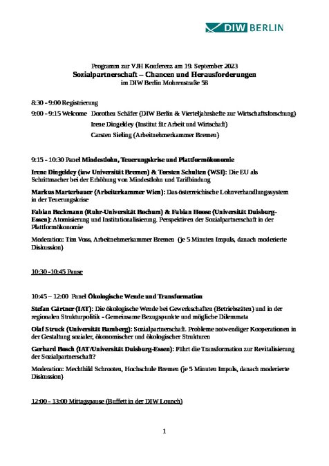 Die ökologische Wende bei Gewerkschaften (Betriebsräten) und in der regionalen Strukturpolitik - Gemeinsame Bezugspunkte und mögliche Dilemmata. DIW Berlin 19.09.2023