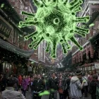 Das Foto zeigt eine Einkaufsstrasse in einer asiatischen Stadt mit einem über den Menschen schwebenen Corona Virus
