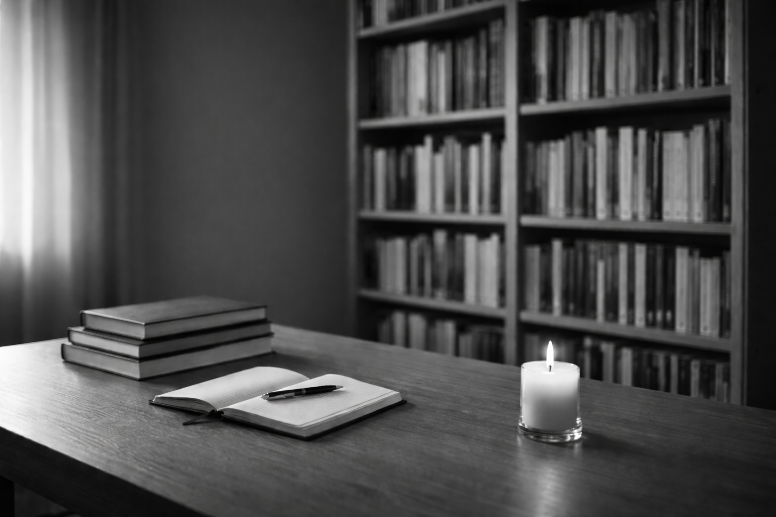 Ruhiges Büro mit Kerze und Büchern (Erstellt mit KI) Ruhiges Büro mit Kerze und Büchern (Erstellt mit KI)