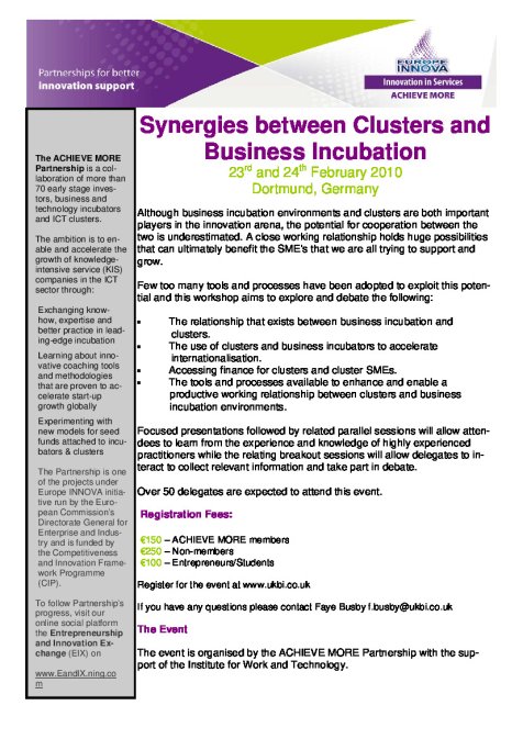 Programme Workshop 'Synergies between Clusters and Business Incubation' 23-24.02.2010