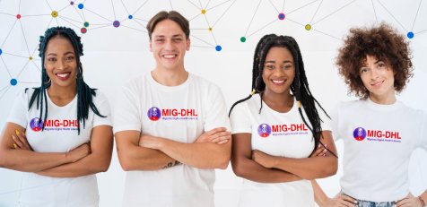 4 junge Leute präsentieren auf ihren T-Shirts das Projekt MIG-DHL