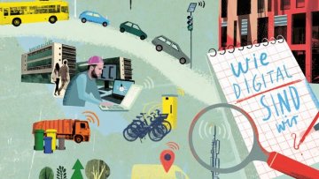 eine Kollage mit Szenen der digitalen Stadt