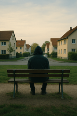 Eine Person sitzt alleine auf einer Bank. 