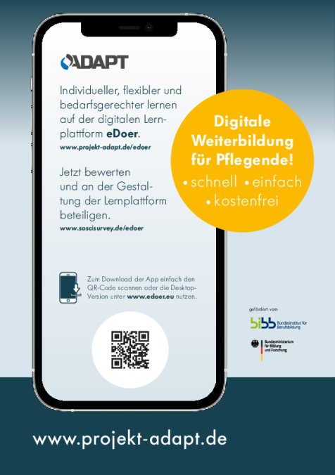 Auf dem Display eines Smartphones ist die ADAPT-Lernapp mit QR-Code im unteren Bereich.