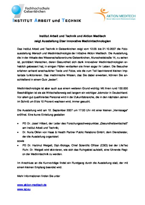 Ausstellung innovativer Medizintechnologien September/Oktober 2007
