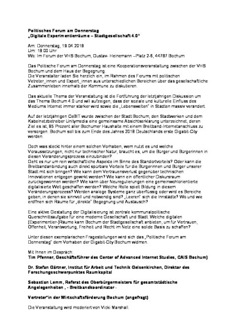 Politisches Forum am Donnerstag 19.04.18