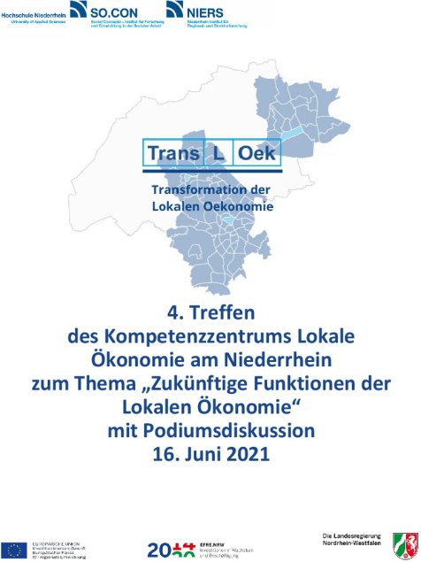 Im Hintergrund des Veranstalternamens Trans L Oek (Transformation der Lokalen Ökonomie) ist eine geografische Karte einer Stadt oder eines Gebietes hinterlegt, in der die Umrisse der verschiedenen Stadtviertel oder Stadtgrenzen in dunkelblau sichtbar sind, drei Teile sind hellblau markiert.