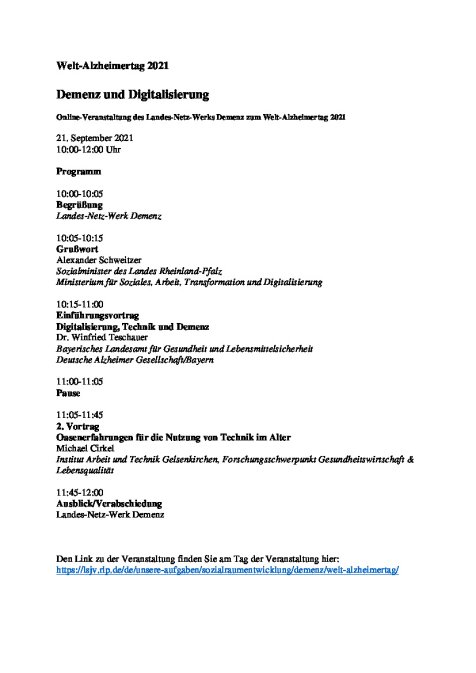Programm zu Weltalzheimertag 21.09.21