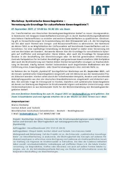 WS 01.09.21: Symbiotische Gewerbegebiete - Vernetzung als Grundlage für zukunftsfeste Gewerbegebiete?! 