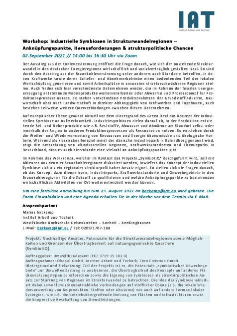 Workshop 02.09.21: Industrielle Symbiosen in Strukturwandelregionen