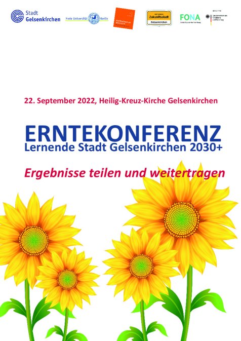 Auf dem Titelbild der Einladung zur Veranstaltung Erntekonferenz 2030+ in der Heilig-Kreuz-Kirche Gelsenkirchen am 22. September 2022 sind vier große Sonnenblumen zu sehen.