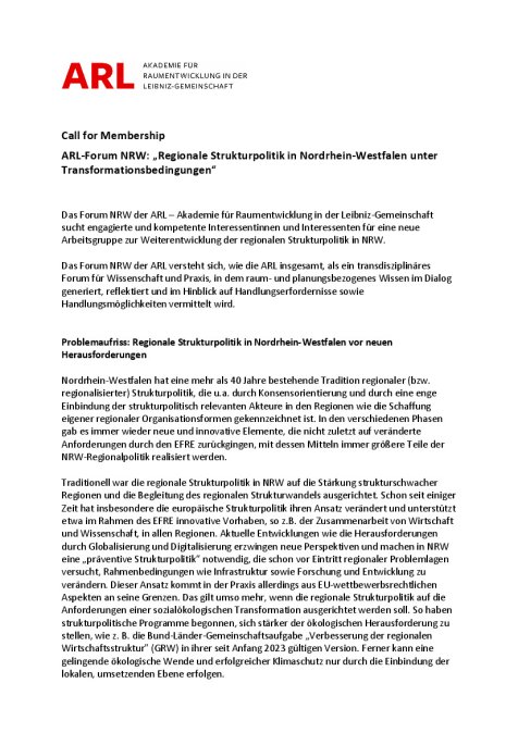 Call for Membership AG Regionale Strukturpolitik 110625