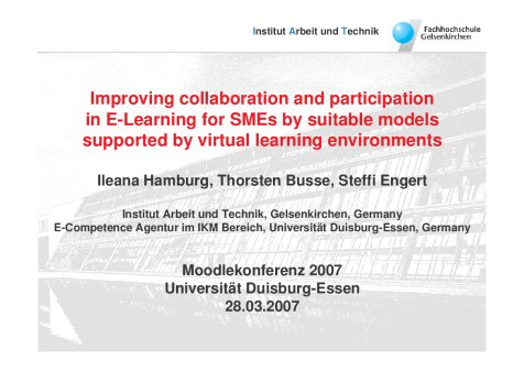 SMEs : Improving Practices in E-Learning for SMEs by suitable models supported by virtual learning enviroments