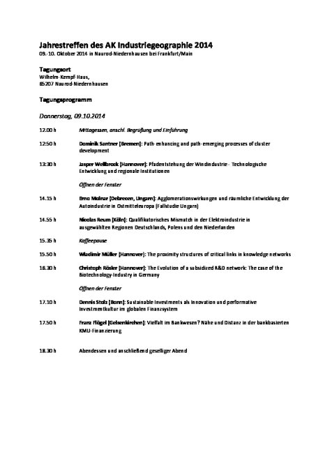 Tagungsprogramm des Jahrestreffen des AK Industriegeographie 2014