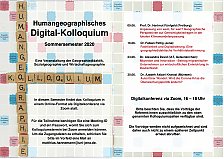 Das Hintergrundbild der Programmseite vom Humangeographischen Digital-Kolloquium ist ein Scrabble-Spielbrett, bei dem die hölzernen Alphabetwürfel das Wort Humangeographie senkrecht bilden, und im Buchstaben O davon das Wort Kolloquium horizontal zu sehen sind.