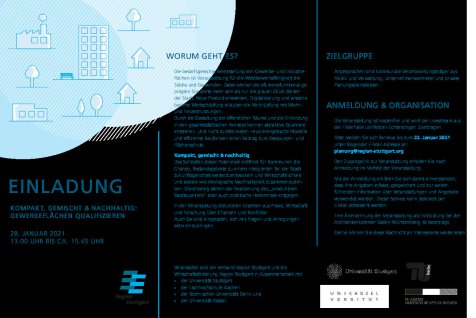 Der dreiteilige weiße Flyer bildet an drei Ecken des Flyers die Darstellung einer Grafik ab, die für die Trennung von Wohn- und Gewerbegebieten in der Stadt steht. Zwei durch die Ecken des Flyers angeschnittene, hellblau getönte Kreise liegen übereinander. Der blassere, größere Kreis von beiden enthält kleine skizzenhaft dargestellte Gebäude mit Spitz- oder Flachdächern. Er steht für die reinen Wohngebiete. Der etwas kleiner und dunkler getönte Kreis, der den blassblauen Kreis überschneidet, enthält skizzenhaft angedeutete Industriegebäude und einen größeren, rechteckigen Häuserblock mit Parkbank davor. Umgeben sind diese Häuser von ein paar skizzierten Bäumen. Eine mit dünnen weißen Linien als Schraffur angedeutete Fläche in Kreisform zeigt an, dass alle aufgeführten Gebäude in diesem dritten Kreis enthalten sind. Dieses Motiv wiederholt sich ähnlich, jedoch mit jeweils einer fehlenden Kategorie von Gebäuden, auf den beiden nächsten Ecken des Flyers: einmal fehlen die Häuser des Wohngebiets und einmal die Gebäude, für die die Gewerbeflächen stehen.