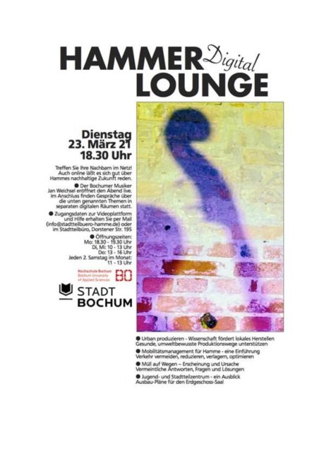 Abbildung der Einladung Hammer Lounge: es ist ein gelb-orangener Teil einer Wandfläche aus Backstein zu sehen, auf dem ein Kopf und der obere Teil eines Cellos einen lila Schatten werfen.