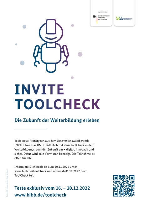 Auf der Einladung zur Veranstaltung Invite ToolCheck - Die Zukunft der Weiterbildung erleben - ist eine Grafik mit einem kleinen Roboter zu sehen.