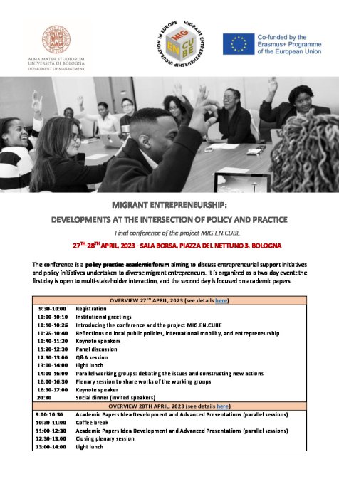 Auf der Titelseite des Programms ist unter den Logos der Veranstalter und Förderer (Logo der Universität Bologna, Logo von Migrant Entrepreneurship Incubation in Europe und Logo der EU als Co-Förderer der Erasmus-Programme) eine Momentaufnahme eines Fotos in schwarzweiß von jungen Studentinnen und Studenten an einem Verhandlungstisch zu sehen, die ihre Hand zur Abstimmung heben. Auf dem Verhandlungstisch befinden sich ihre Notizbücher, Laptops und Smartphones.