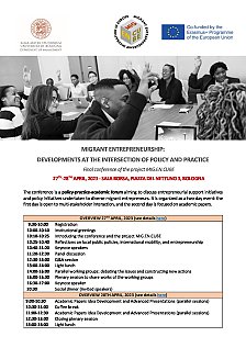 Auf der Titelseite des Programms ist unter den Logos der Veranstalter und Förderer (Logo der Universität Bologna, Logo von Migrant Entrepreneurship Incubation in Europe und Logo der EU als Co-Förderer der Erasmus-Programme) eine Momentaufnahme eines Fotos in schwarzweiß von jungen Studentinnen und Studenten an einem Verhandlungstisch zu sehen, die ihre Hand zur Abstimmung heben. Auf dem Verhandlungstisch befinden sich ihre Notizbücher, Laptops und Smartphones.